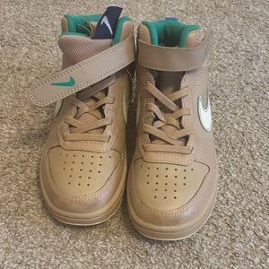 Nike Kids Tan High-Top Sneakers with Green Interior and Teal Swoosh